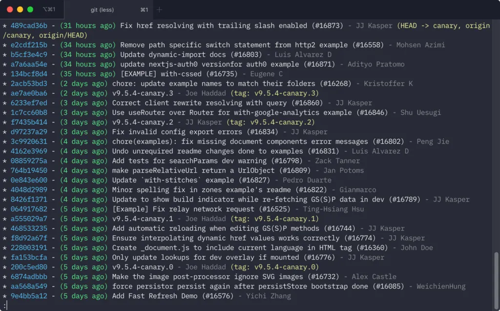 Terminal showing a git log of the Next.js repo, with commit hashes in blue, relative dates in green, authors in grey and tags in yellow