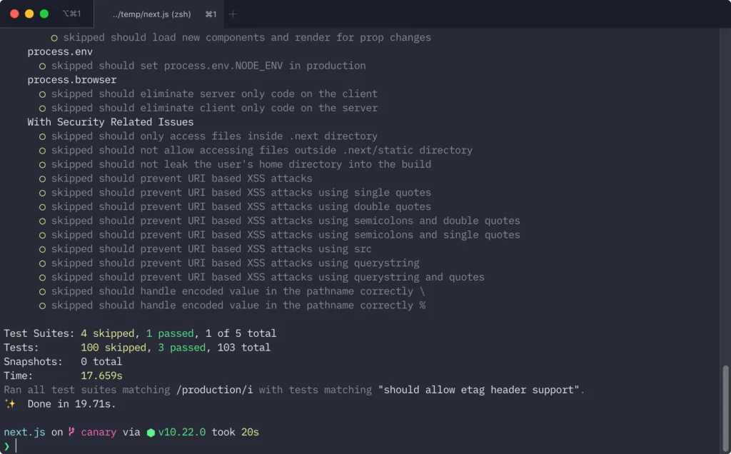 Terminal showing Jest test results for Next.js: 3 passed and 100 skipped, with the Starship prompt noting the command took 20 seconds